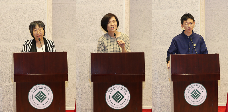 张婕同志代表在院从事教育工作30年以上人员，丁月牙同志代表优秀共产党员、先进工作者，洪瑞祥同志代表新进教师依次发言。