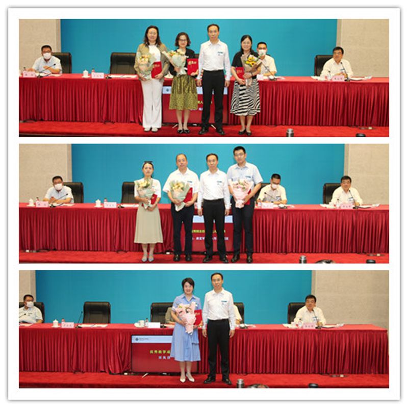 于京天同志为2021-2022年度“优秀教师”、“优秀班主任”和“优秀教学成果奖”获奖人员颁发荣誉证书，并合影留念。