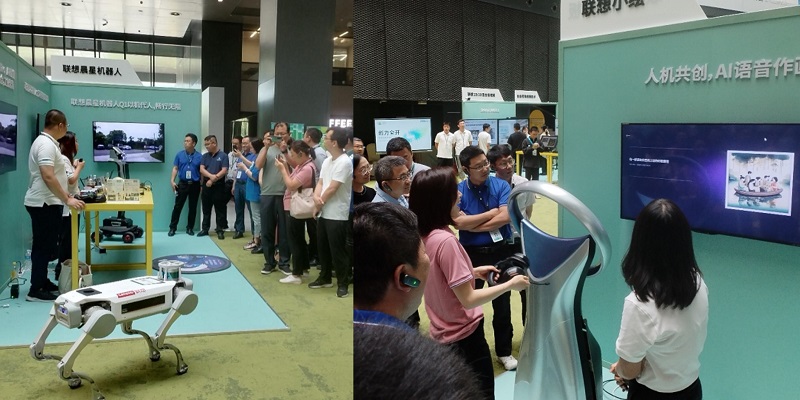 学员认真聆听工作人员讲解联想最新信息技术发展和应用，并体验人工智能功能。